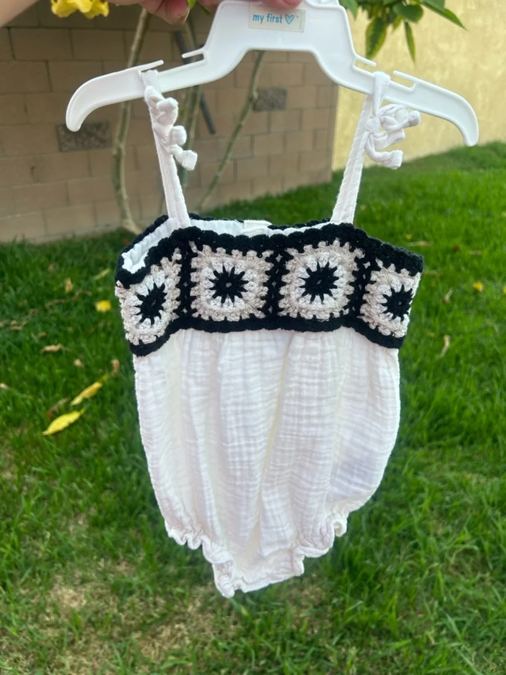 Old Navy White Baby Romper with Black and Cream Crochet Trim